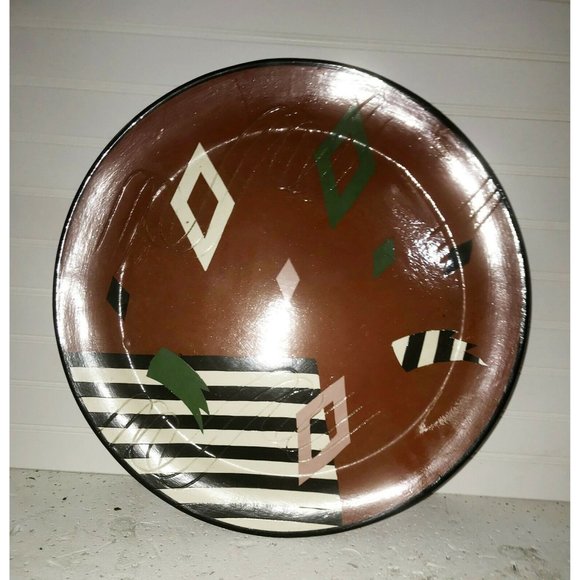 Signed Clay ART PLATTER Abstract Design Geometric 17"Glazed Modern - Picture 3 of 9